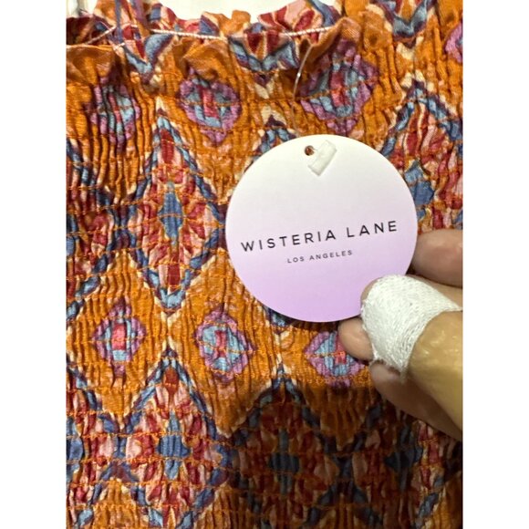 Wisteria Lane Los Angeles Smocked Jumpsuit Small Orange/Blue Geometric Sleeve Be - Picture 2 of 5